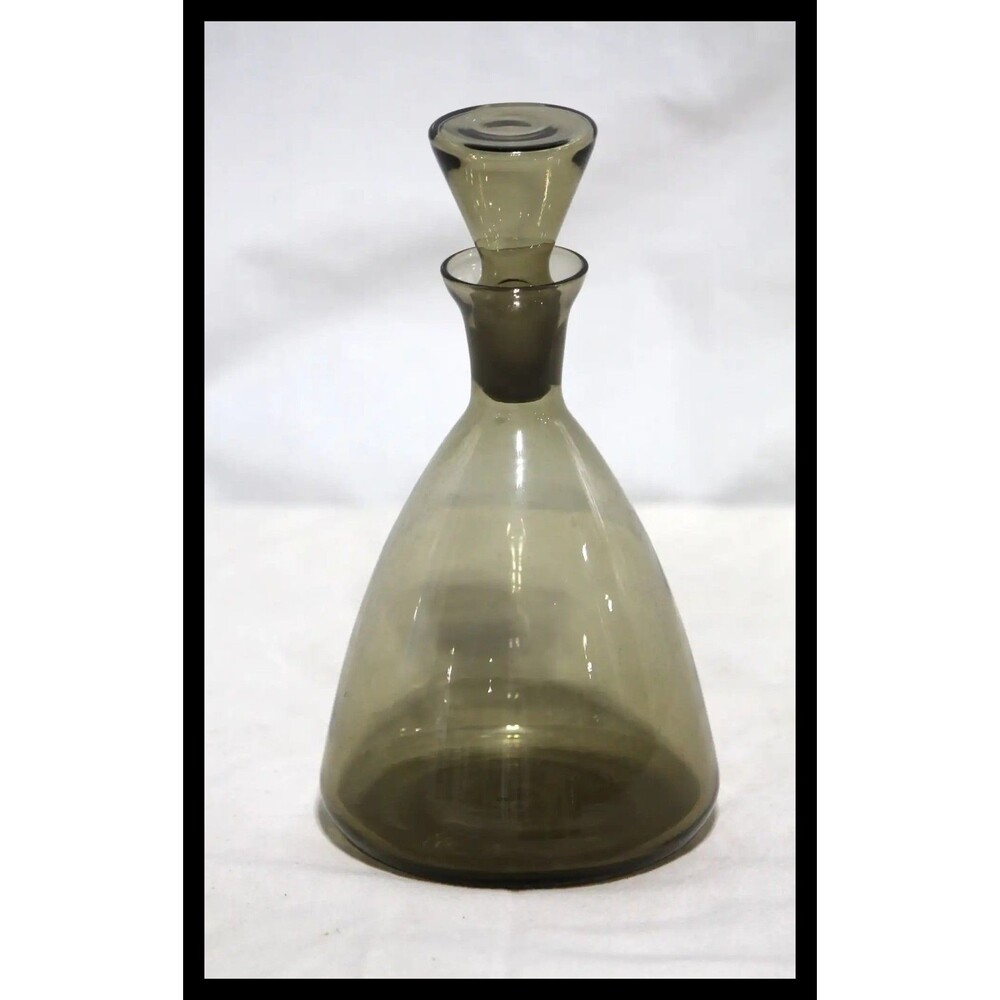 Vintage MCM Smoke Gray Glass Decanter w/ Glass Stopper Pour Spout Mid Century